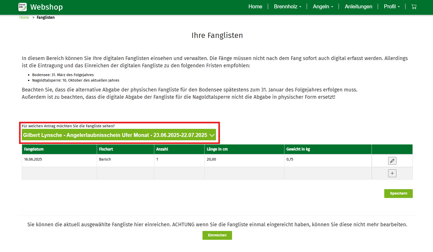 Foto mit ausgewählter Fangliste im Dropdown
