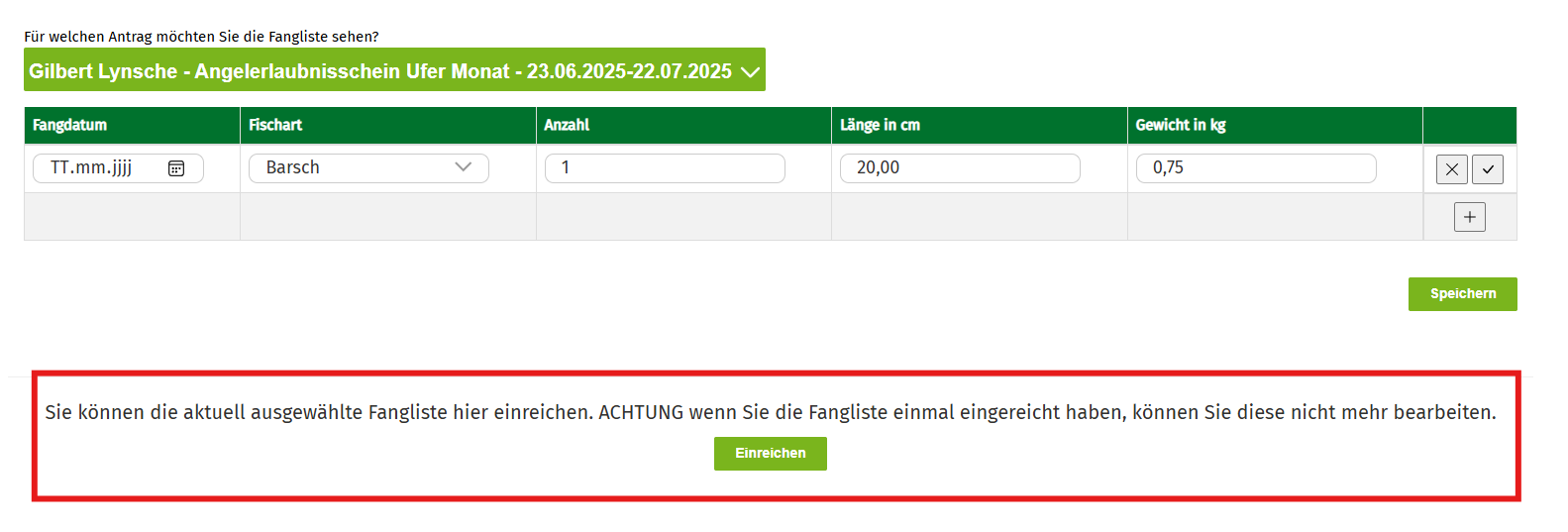 Ausgewählte Fangliste einreichen